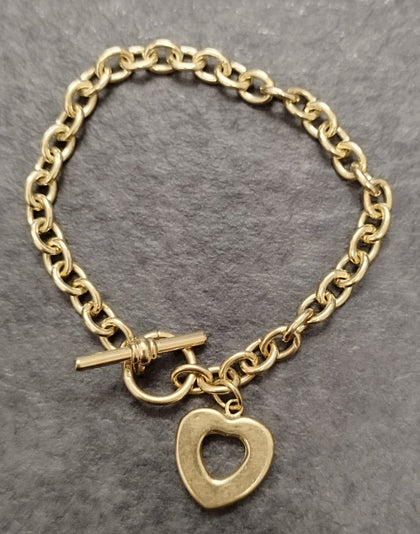 Women's 9ct Gold Heart Charm T-Bar Belcher Bracelet - 7