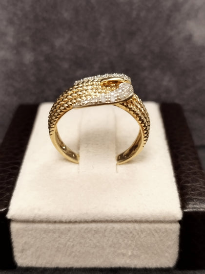 9ct Yellow Gold Diamond Set Buckle Ring - Size P
