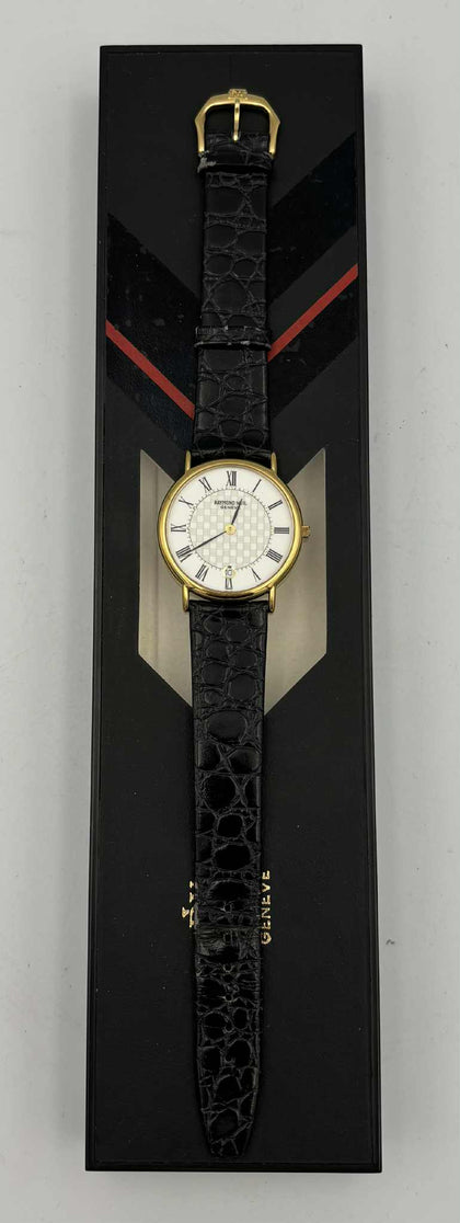 RAYMOND WEIL GENEVE 18K GOLD PLATED MENS DATE WATCH, MODEL 9124-2, NEW BATTERY
