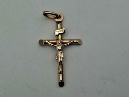 Vintage Yellow Gold Tubular Cross Crucifix Charm Pendant - 0.99 Grams