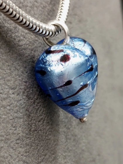 Jens J Aagaard large blue glass heart pendant & Sterling Silver Snake Chain