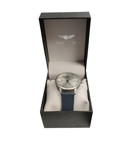 Gianello Milano Alure 42 Watch Silver w/blue strap**Boxed in Brand New Condition**