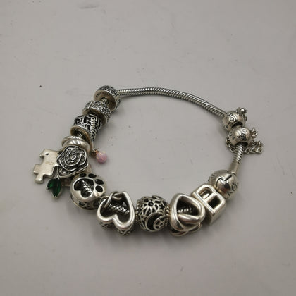 Pandora Bracelet 44.3Grams, 12 Charms (Love Hearts, Flower, Family)925 ALE Hallmarked, 7.5