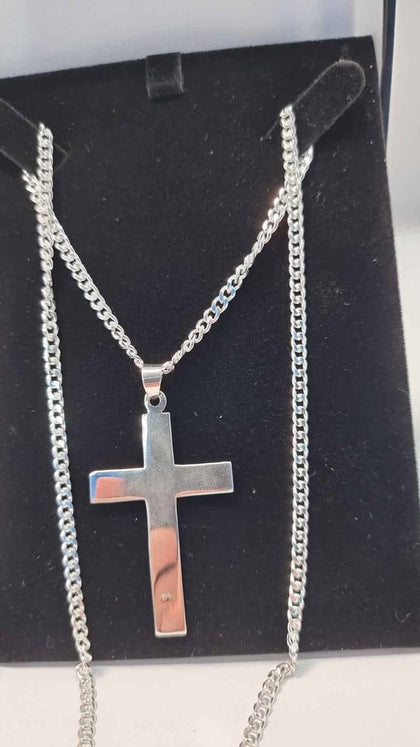 925 Sterling Silver Thin Curb Chain Necklace With Cross Pendant - 21.2 Grams - 24