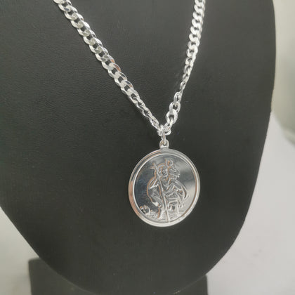 925 Silver Chain with St Christopher Like Pendant, 24.5Grams, Hallmarked, Length: Approx. 24