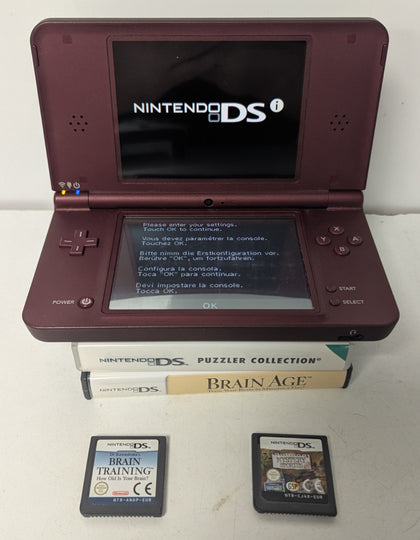 Nintendo DSi XL Wine Red Console & 3 games (1 Unboxed)