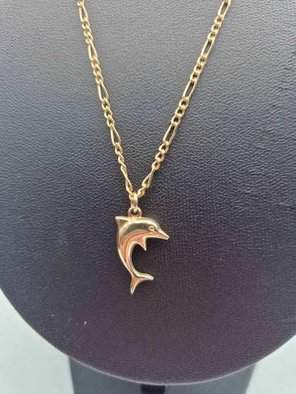 9ct Yellow Gold Thin 3-In-1 Figaro Chain Necklace With Dolphin Pendant - 1.90 Grams - 18