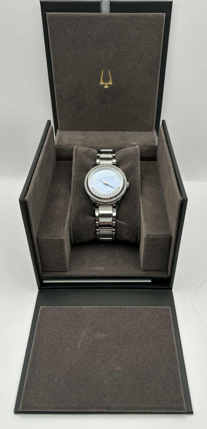 BULOVA TURNSTYLE STEEL SWAROVSKI CRYSTALS MOP DIAL LADIES QUARTZ WATCH 96L260