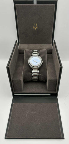 BULOVA TURNSTYLE STEEL SWAROVSKI CRYSTALS MOP DIAL LADIES QUARTZ WATCH 96L260