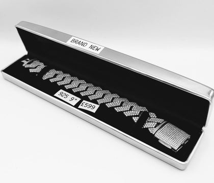 925 Sterling Silver Cuban Style CZ Encrusted Bracelet - 9
