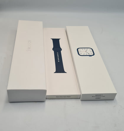 Apple Watch Series 7 GPS 41mm blue aluminium with original box and new blue apple m/l silicone strap (83% battery health)