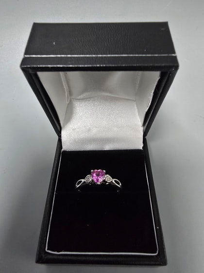 9ct White Gold Ring 375 pink stone Dia 1.4G Size M
