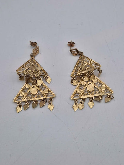 Pair of 9ct Yellow Gold Gypsy Style Dangle Drop Earrings – 8.14 Grams – Filigree Heart Charm Design