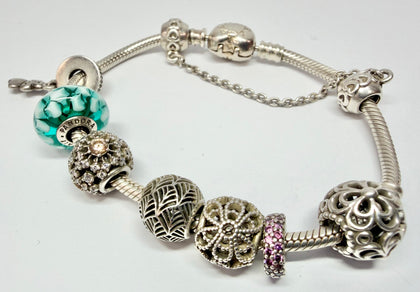 Pandora Snake Bracelet with Heart Clasp and 7 Charms & Safety Chain 19cm