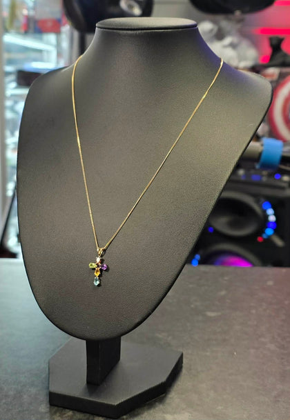 9CT Gold Chain and Cross Pendant with Multicoloured Stones 18”