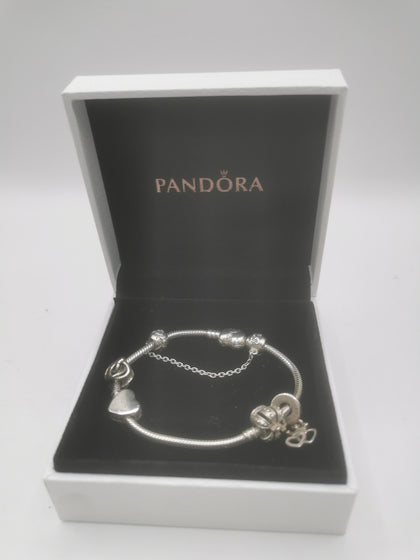 Pandora Bracelet with 4 Charms and Safety Chain pendant Hallmarked(ALE) Boxed