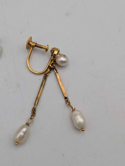 Art Deco Cultured Pearl Earrings 9ct Gold Antique Screw Back Drop Dangle Stamped