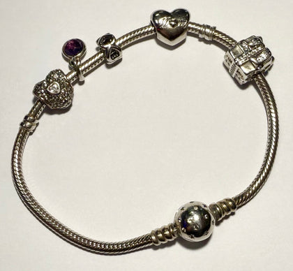 Pandora 8” Bracelet + 5 Charms