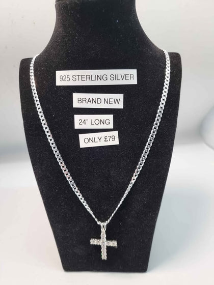 925 Sterling Silver Curb Chain Necklace With Diamontè Cross - 24