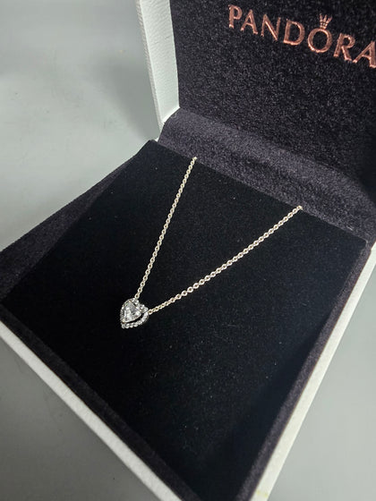Pandora Necklace With HEART white stone Pendent (ALE) 925 3.9G 18'' in Length