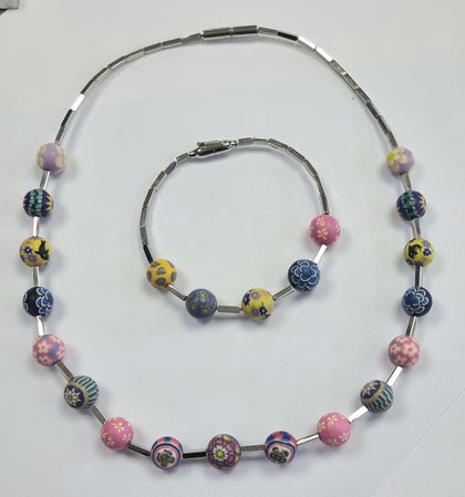 SWatch Bijoux Silver Tone Necklace + Bracelet In Multicolour Beads.