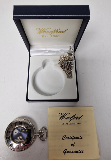 ** Countdown to Xmas ** Woodford Half hunter Sundial Mechanical movement Pocket Watch Chrome Boxed