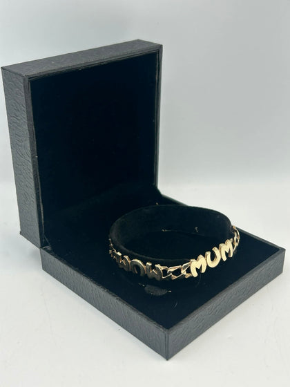 9CT Yellow Gold Curb Link Bracelet With 'Mum', 8'' - 9.5g, Boxed