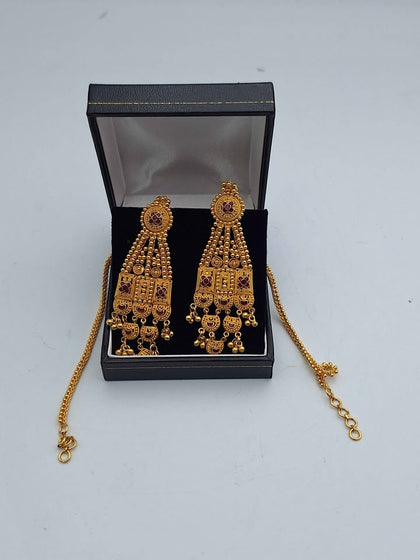 Pair Of Traditional 22ct Yellow Gold Kanchain Jhumka Dangle Earrings With Red Stones - 28.12 Grams