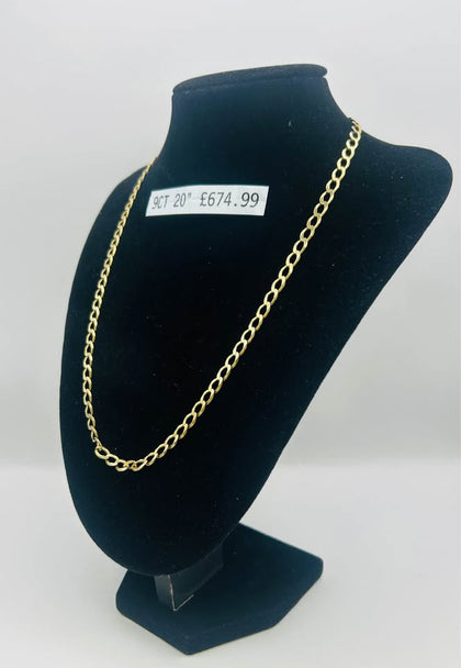 9CT YELLOW GOLD CURB STYLE CHAIN, 375 HALLMARKED, 20”, 12.3G, BOXED