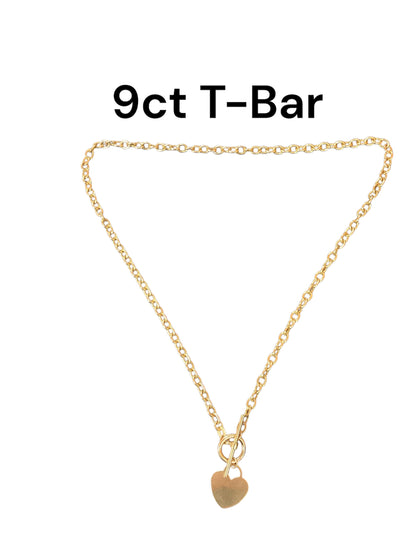 9ct Yellow Gold Heart Tag T-Bar Oval Belcher Chain Necklace