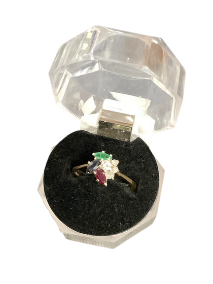 9ct yellow gold Ruby, Emerald, Sapphire & Diamond ring size R