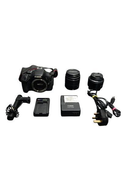 Canon EOS 600D Camera, Canon EF-S 18-55mm f/3.5-5.6 III Black Lens, Yongnuo YN 50mm F/1.8 AF/MF (Canon), Microphone & Spare Battery