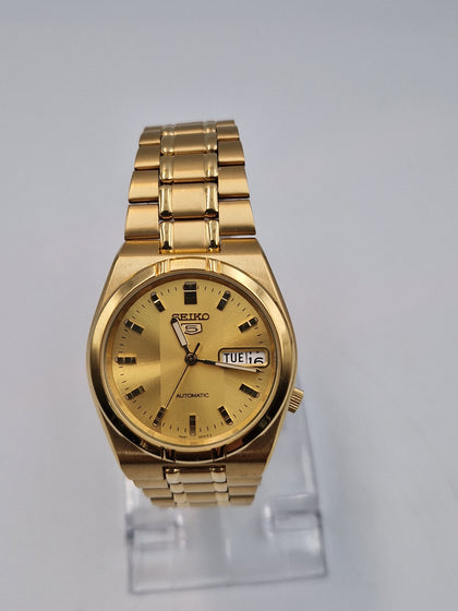 Seiko 5 7S26-01H0 Automatic Gold Plated Mens Day/Date Watch - Unboxed With Full Length Bracelet **LIKE NEW**