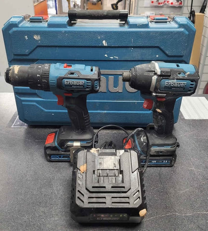 Erbauer ECD18-Li-2 Drill With EID18-Li Impact Driver With 2.0Ah Batteries and Charger