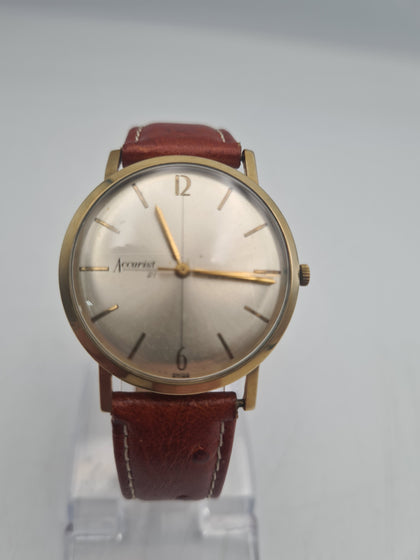Accurist 9ct Gold Cased manual Wind watch with leather strap