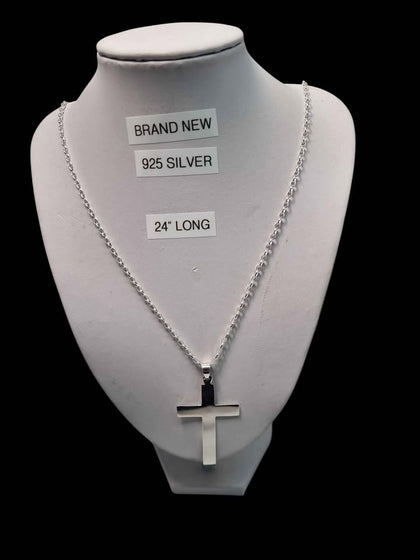 925 Sterling Silver Thin Beltcher Chain Necklace With Cross Pendant - 12.10 Grams - 24