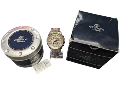 CASIO EDIFACE GOLD/SILVER WATCH BOXED WITH STORAGE TIN PRESTON STORE