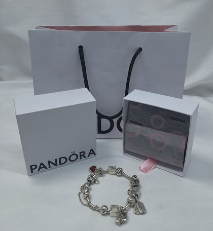 Pandora Moments Barrel Clasp Snake Chain 23cm Bracelet with 11 Charms in box