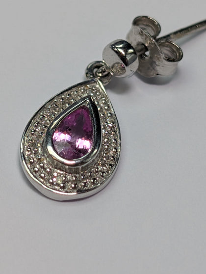 9CT WHITE GOLD DIAMOND & PINK STONE TEAR DROP EARRINGS