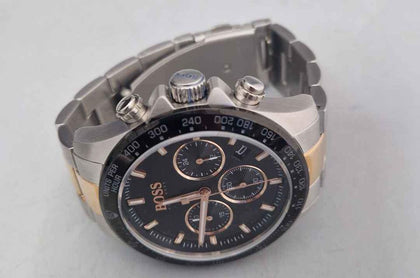 AX HUGO BOSS 1513757 Hero Sports Gold Silver Band Black Dial Men's Watch *BOXED*