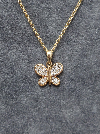 14ct Yellow Gold & Pave Childs Butterfly Pendant & Chain 14