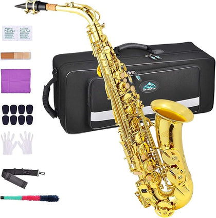 EASTROCK Alto Saxophone for Beginner, E-Flat Gold Lacquer Alto Saxophone, E Key Sax with Hard Case Mouthpiece Pads Neck Strap Reeds Cleaning Cloth Glo