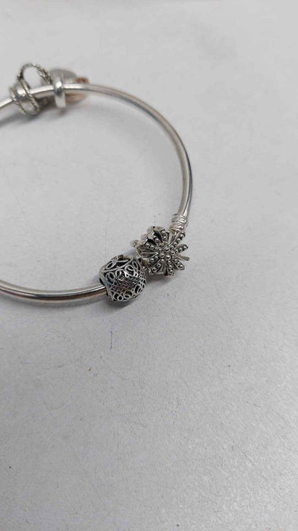 Pandora (ALE 925) Sterling Silver Snowflake Bangle Bracelet - With 3x Charms - Boxed.