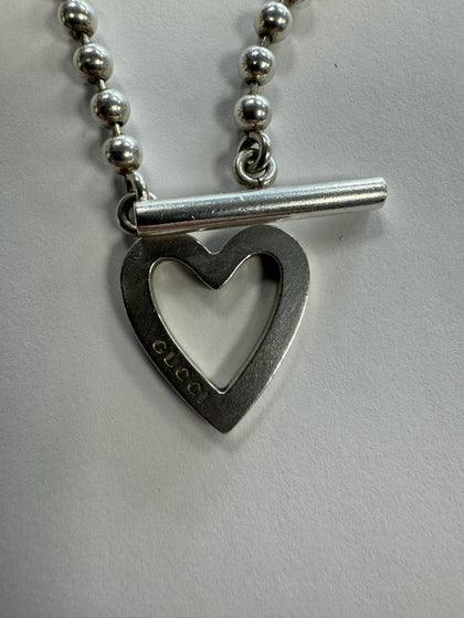 Gucci Sterling Silver Heart Toggle Beaded Boule Necklace.