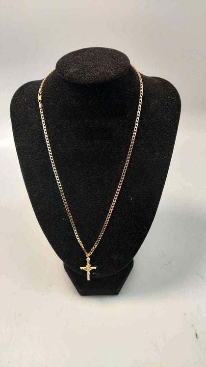 9ct Gold Square Curb Chain Necklace With Crucifix Pendant - 20