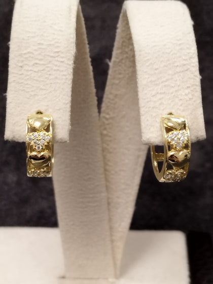 14ct Gold Pave Heart Design Huggie Hoop Earrings
