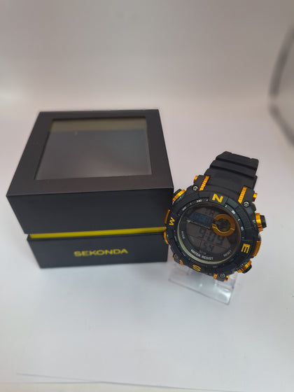 The SEKONDA 15-26 DLX is a sporty digital wristwatch featuring a black and yellow plastic case