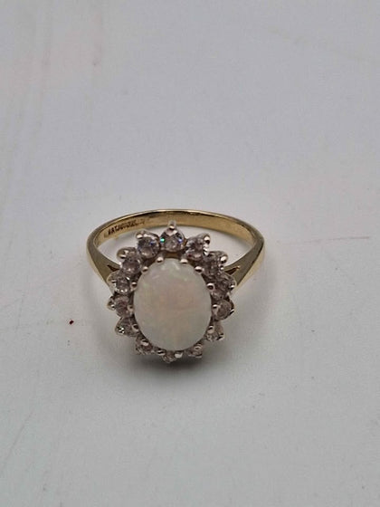 9ct Yellow Gold Opal & CZ Cluster Ring - Size J - 2.86 Grams