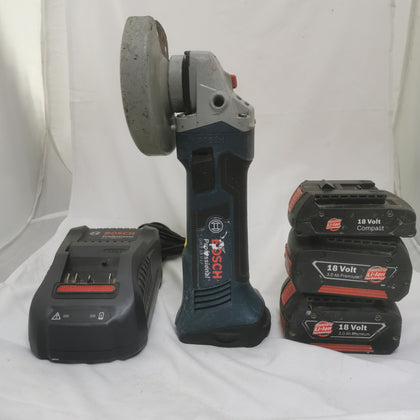 Bosch GWS 18V-7 18V Li-Ion Angle Grinder Bundle, with 3 x Batteries (2x 18V 3.0AH, 1x Compact 18V Battery) & Bosch Charger (GAL 1880 CV)