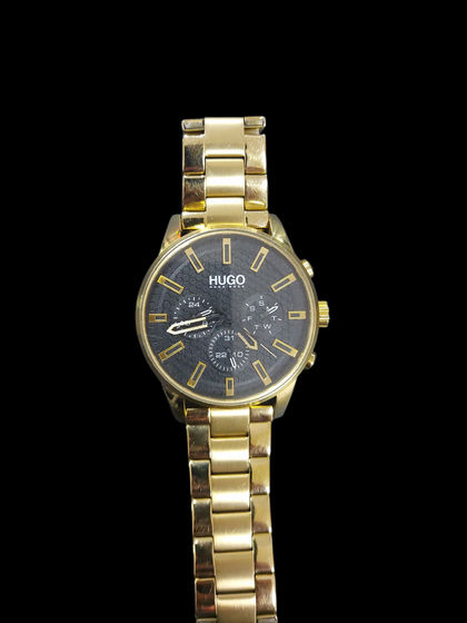 GOLD HUGO BOSS WATCH  3 BUTTONS BLACK METAL STRAP BOXED